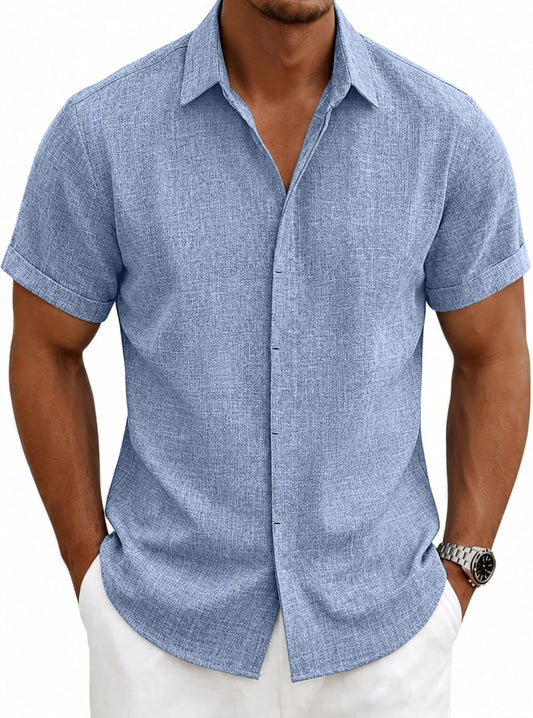 HOTMens Linen Shirts Short Sleeve Casual Shirt Button Down Summer Beach Vacation Tops Men Casual Dress Shirts Breathable