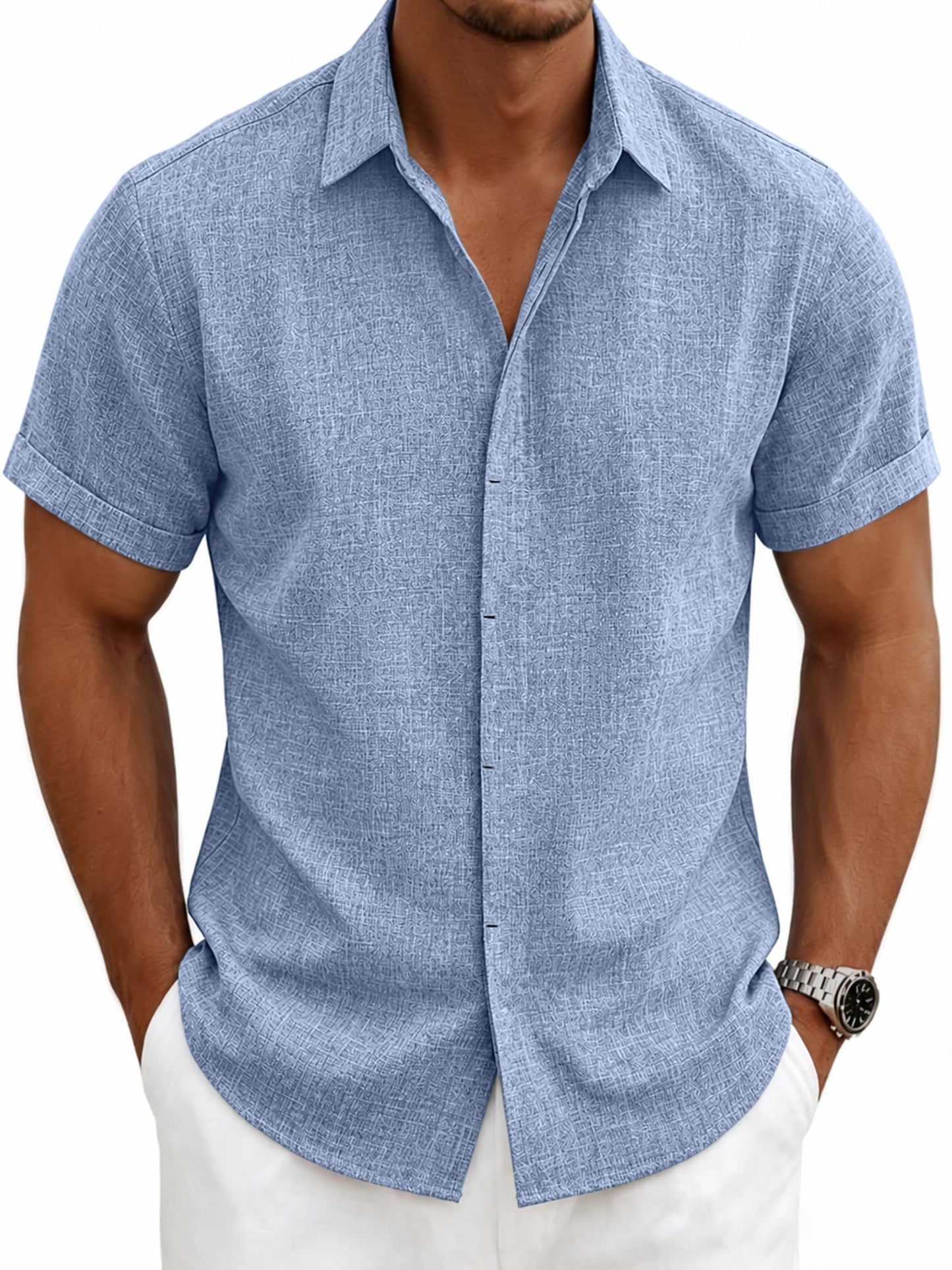 HOTMens Linen Shirts Short Sleeve Casual Shirt Button Down Summer Beach Vacation Tops Men Casual Dress Shirts Breathable