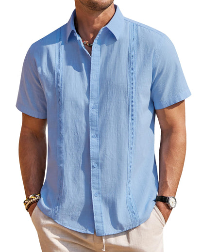 HOTMens Linen Textured Shirt Short Sleeve Button Down Cuban Guayabera Shirt | 100% Cotton, Casual Wear, Lightweight Breathable, Summer Beach, Untucked, Relaxed Fit, Vacation, Cruise, Camp, Collared