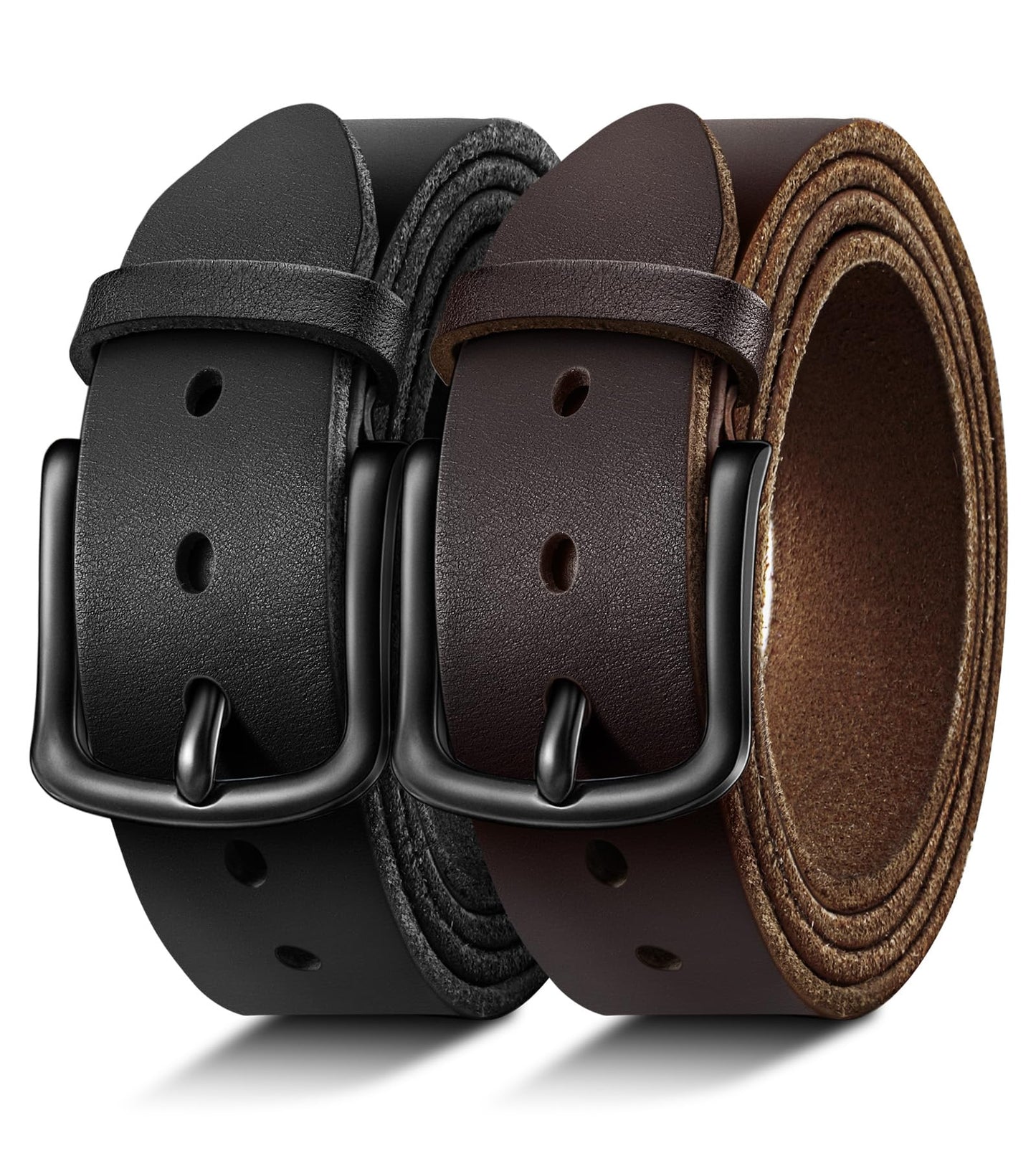 HOTBULLIANT 2-Pack Leather Belt for Men 1 3/8"-7 Eyelets-Gift Boxed | 7 Grommets Adjustable Range | Versatile for Golf Dress Casual Jeans