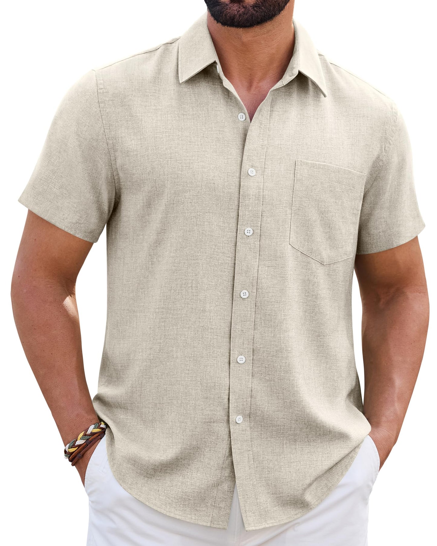 HOTMens Linen Shirt Short Sleeve Wrinkle Free Casual Untucked Button Down Shirts Beach Breathable Tops Summer