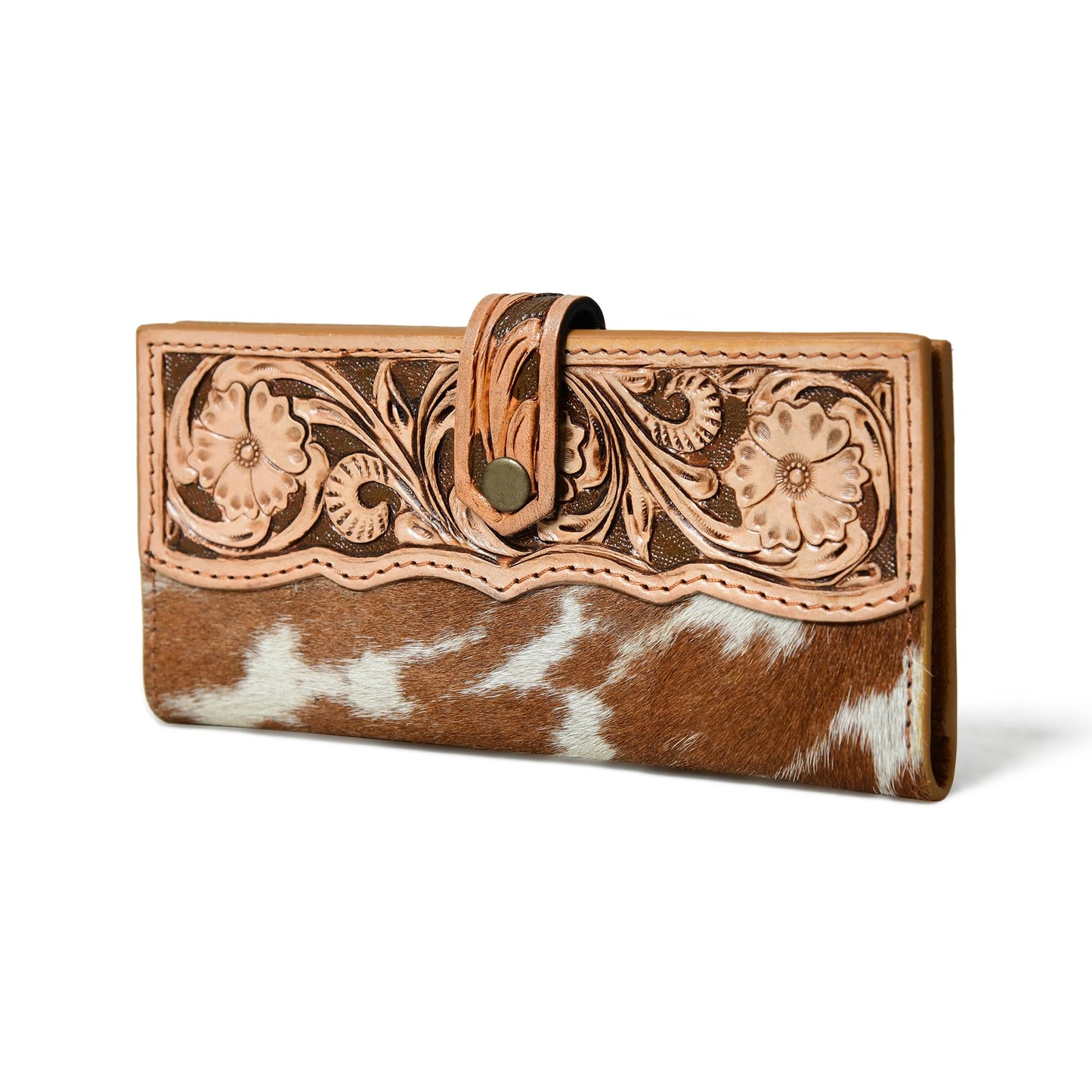 HOTMerbaa Cowhide Leather Wallet for Women | Handmade Floral Tooled Long Clutch with Snap Closure | Western Style Purse | Rustic Cowgirl Bag