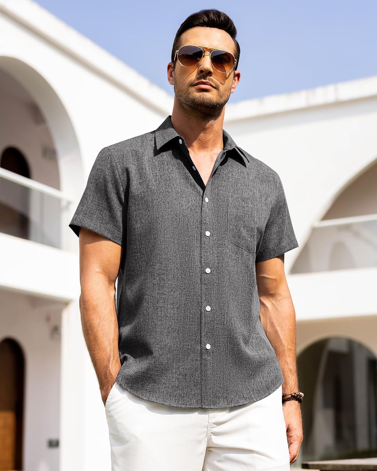 HOTAlimens & Gentle Mens Linen Shirts Short Sleeve Button Down Shirts Wrinkle Free Casual Vacation Beach Summer Tops