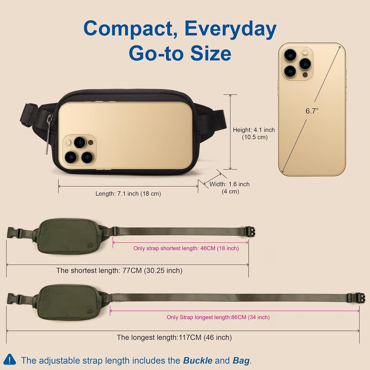 HOTPander Mini Belt Bag – Ultra Compact, Fits 6.7” Phone, Lipstick, Earbuds, Essentials, Small Crossbody Waist Purse, Black Onyx