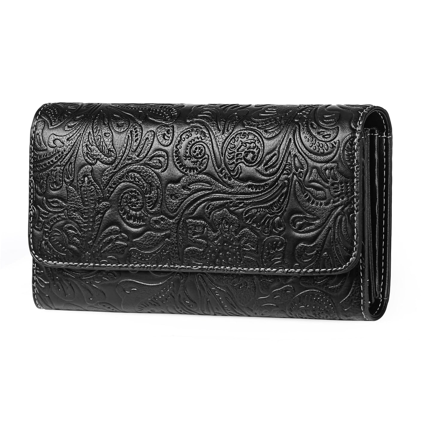 HOTGOIACII Leather Wallets for Women RFID Blocking Western Clutch Brown | Embossed Design, Trifold, Large Billfolds, Vintage Flower, Ladies Purses with Zipper Coin Pocket