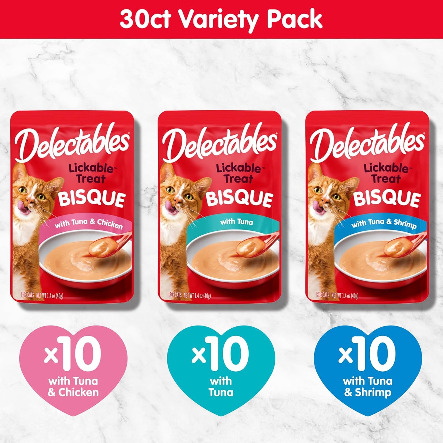 HOTDelectables Lickable Treat Bisque Wet Cat Treat Variety Pack, Food Topper, Hydrating, Grain-Free, No Fillers, No By-Products, No Added Preservatives, 1.4oz Pouch, 30ct