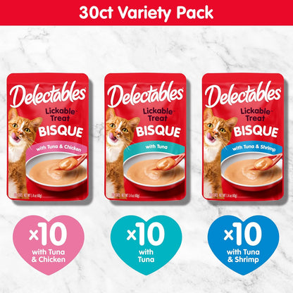 HOTDelectables Lickable Treat Bisque Wet Cat Treat Variety Pack, Food Topper, Hydrating, Grain-Free, No Fillers, No By-Products, No Added Preservatives, 1.4oz Pouch, 30ct