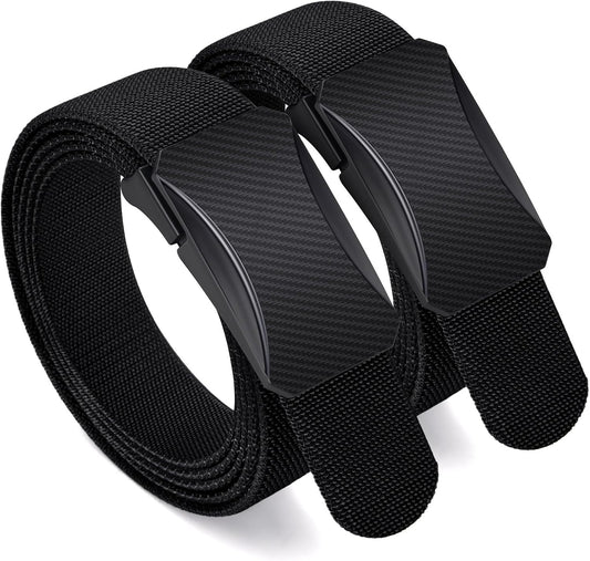 HOT2-Pack TSA Non-Metal Belt for Men, 1.38" Stretch Nylon Ratchet Belt, Trim to Fit, Airport Friendly, Black