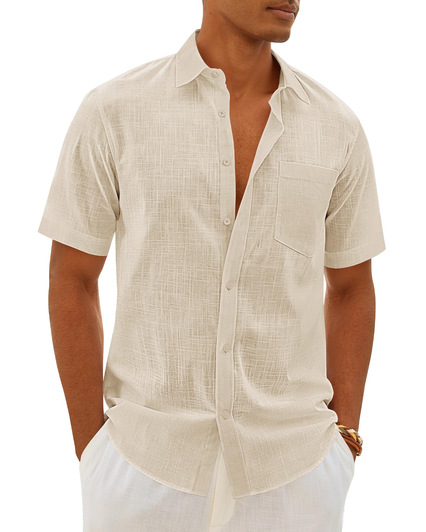 HOTMens Linen Textured Shirt Cotton Short Sleeve Summer Button Down Shirts | 100% Cotton, Linen-look Texture, Casual Wear, Breathable Feel, Lightweight, Untucked, Regular Fit, Beach, Vacation, Resort