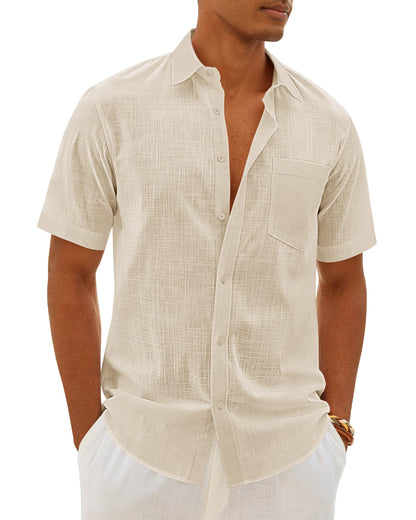 HOTMens Linen Textured Shirt Cotton Short Sleeve Summer Button Down Shirts | 100% Cotton, Linen-look Texture, Casual Wear, Breathable Feel, Lightweight, Untucked, Regular Fit, Beach, Vacation, Resort