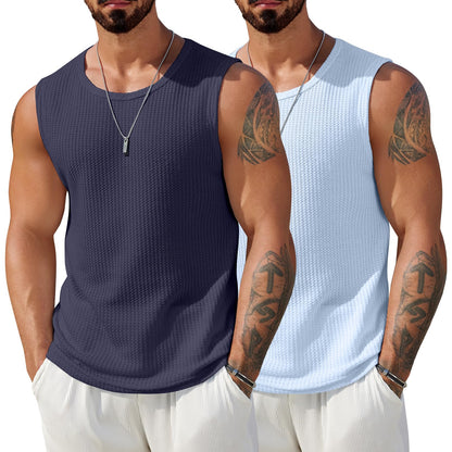 HOTCOOFANDY Mens Casual Tank Tops 2 Pack Waffle Knit Sleeveless Shirt Breathable Tank Shirts Summer Muscle Tee