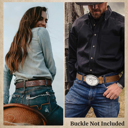 HOTSANSTHS 3 Pack Western Belts for Men Woman without Buckle, Cowgirl Cowboy Belt for Buckle Western Leather Belt for Jeans | Embossed Genuine Leather, 1.5" Wide Belt, 3 Snap Buttons, Classic Cowboy Style, for Western buckle Rodeos Costume Party Gifts