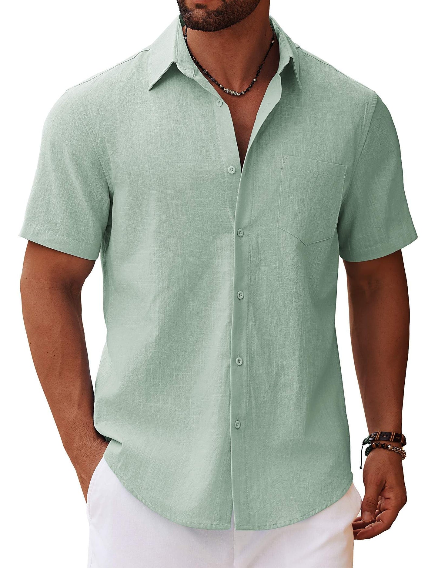 HOTCOOFANDY Men's Button Down Short Sleeve Shirt Casual Cotton Summer Beach Linen Wedding Shirts with Pocket