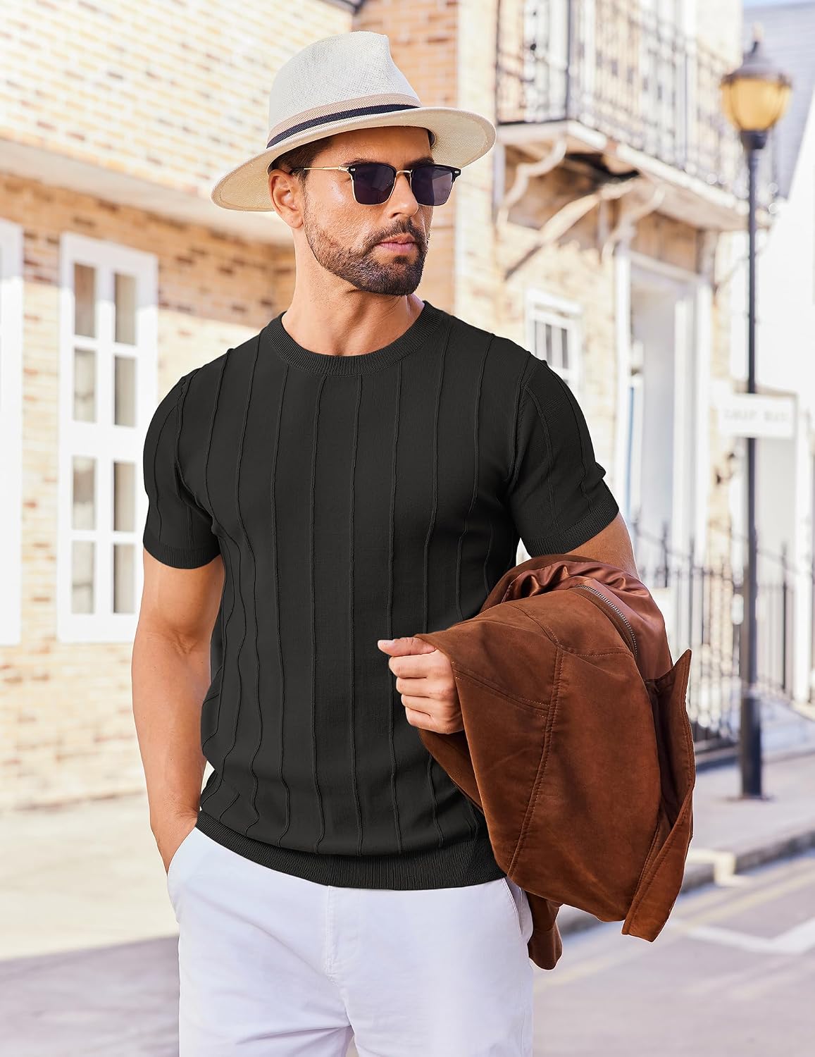 HOTCOOFANDY Men's T- Shirts Short Sleeve Knit Sweater Shirt Casual Crewneck Ribbed Pullover Tees