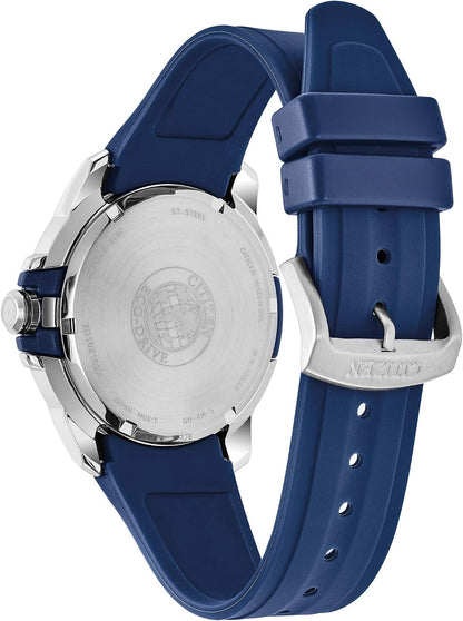 HOTCitizen Men's Eco-Drive Weekender Watch in Stainless Steel with Blue Polyurethane Strap, Blue Dial (Model: AW1158-05L)
