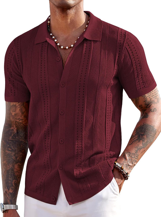 HOTCOOFANDY Men's Knit Shirts Short Sleeve Button Down Polo Shirt Fashion Casual Summer Beach Shirts