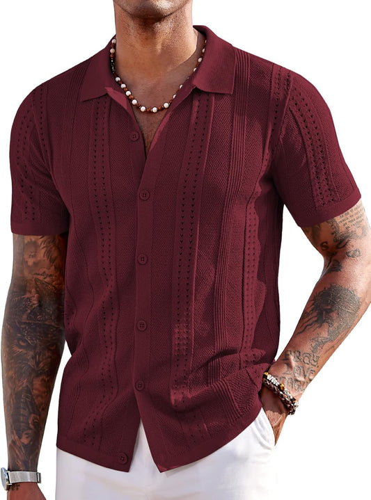 HOTCOOFANDY Men's Knit Shirts Short Sleeve Button Down Polo Shirt Fashion Casual Summer Beach Shirts