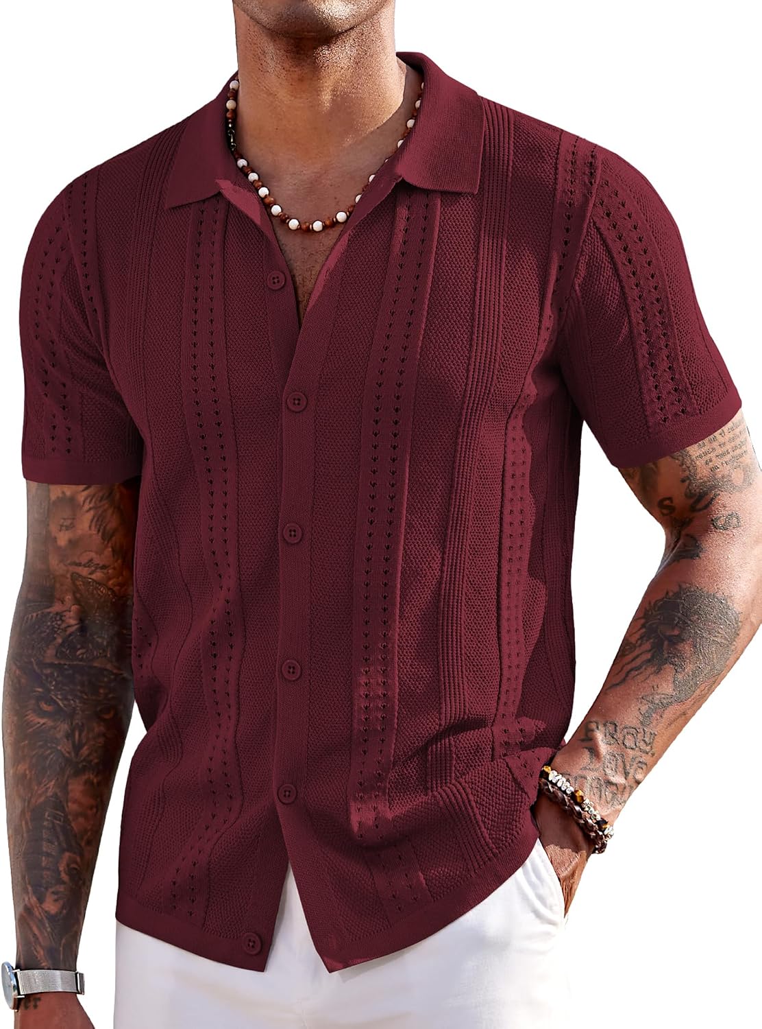 HOTCOOFANDY Men's Knit Shirts Short Sleeve Button Down Polo Shirt Fashion Casual Summer Beach Shirts