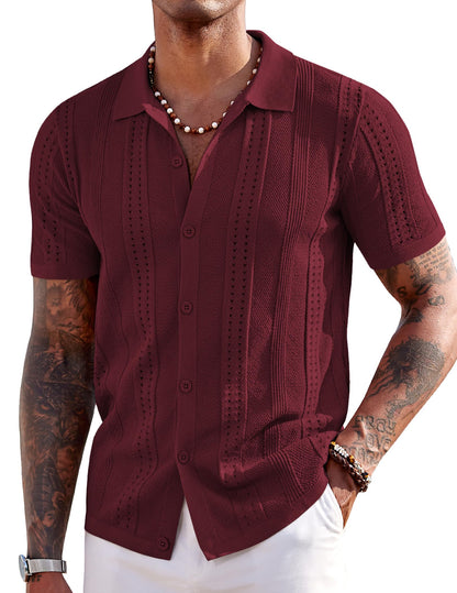 HOTCOOFANDY Men's Knit Shirts Short Sleeve Button Down Polo Shirt Fashion Casual Summer Beach Shirts