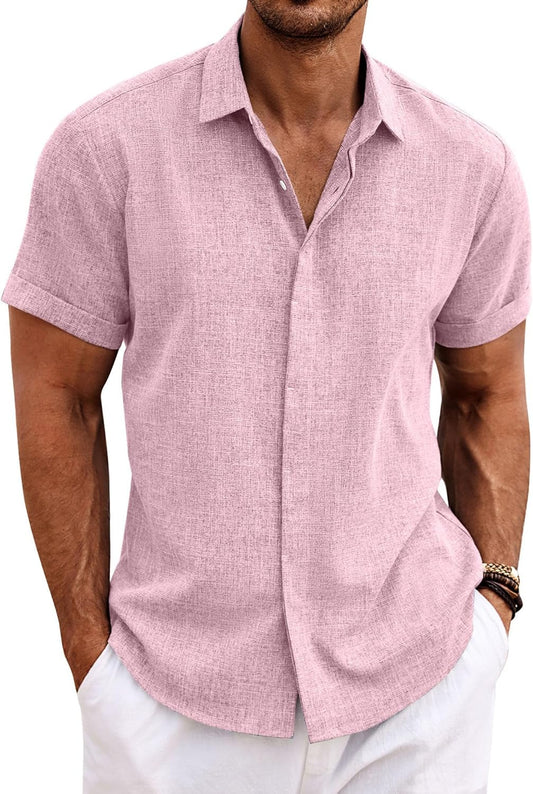 HOTCOOFANDY Men's Linen Shirts Short Sleeve Casual Shirts Button Down Shirt for Men Beach Summer Wedding Shirt