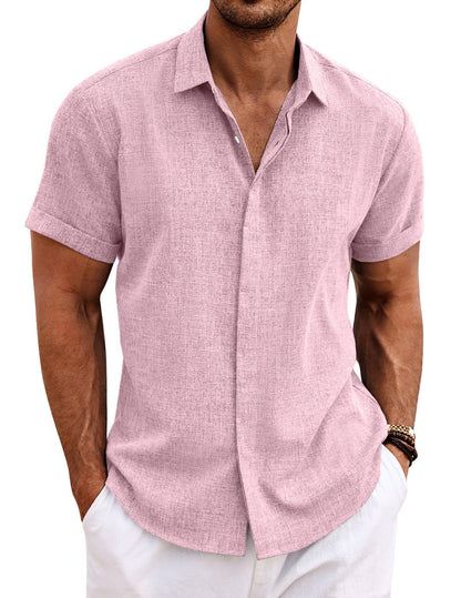 HOTCOOFANDY Men's Linen Shirts Short Sleeve Casual Shirts Button Down Shirt for Men Beach Summer Wedding Shirt