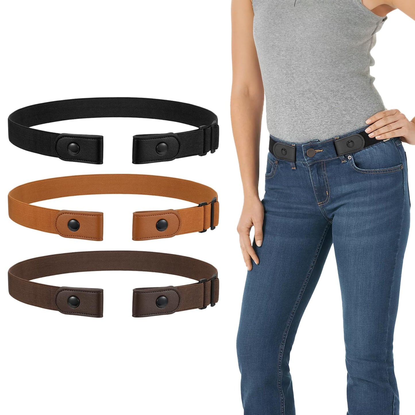 HOTWERFORU 3 Pack 4 Pack No Buckle Invisible Stretch Belt Buckle-Free Elastic Belt for Women and Men