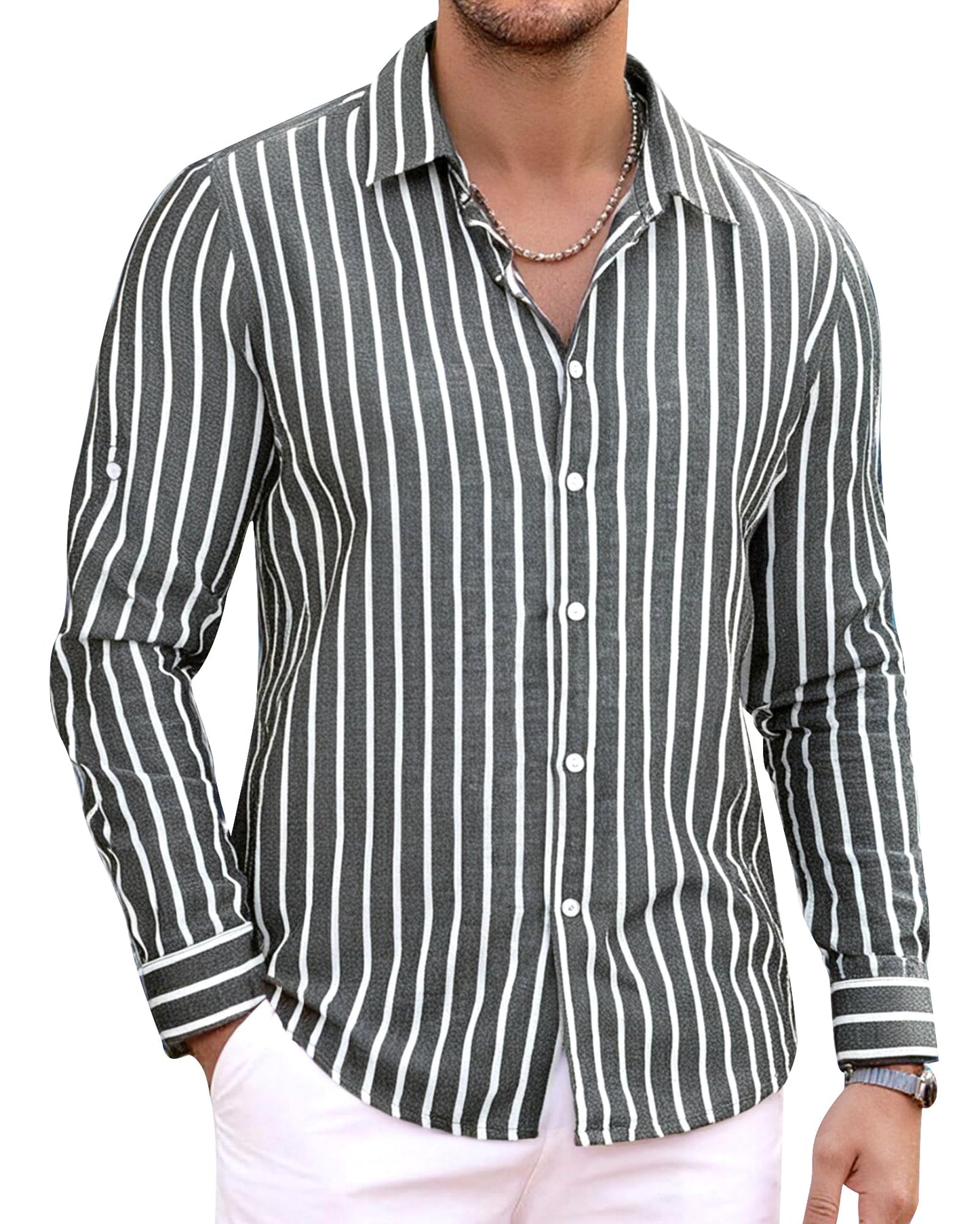 HOTAlex Vando Mens Linen Shirts Long Sleeve Button Down Striped Beach Shirt | Breathable Skin-Friendly Anti-Shrink Fabric, Classic Stripes For Casual Style, All-Day Comfort, Easy Care