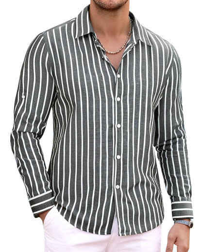 HOTAlex Vando Mens Linen Shirts Long Sleeve Button Down Striped Beach Shirt | Breathable Skin-Friendly Anti-Shrink Fabric, Classic Stripes For Casual Style, All-Day Comfort, Easy Care