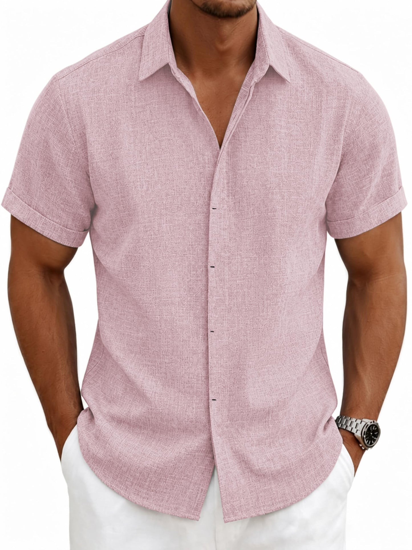 HOTMens Linen Shirts Short Sleeve Casual Shirt Button Down Summer Beach Vacation Tops Men Casual Dress Shirts Breathable