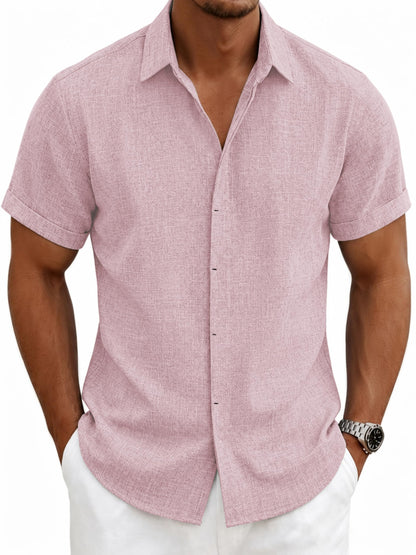 HOTMens Linen Shirts Short Sleeve Casual Shirt Button Down Summer Beach Vacation Tops Men Casual Dress Shirts Breathable
