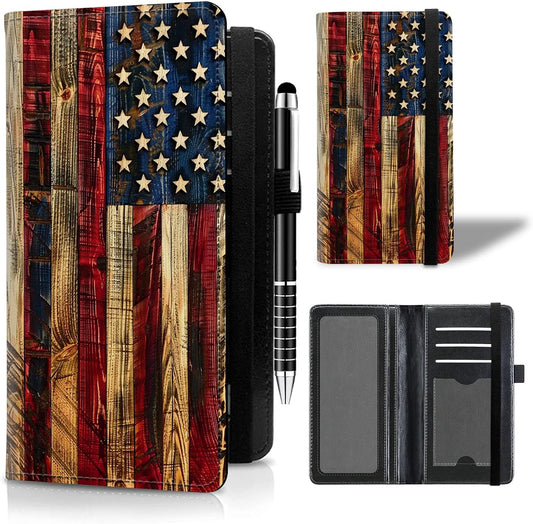 HOTLeather Checkbook Cover for Men Women Personal Checkbook Holder RFID Blocking Check Book Holder Cover for Duplicate Checks,with A Pen,American Flag Wood