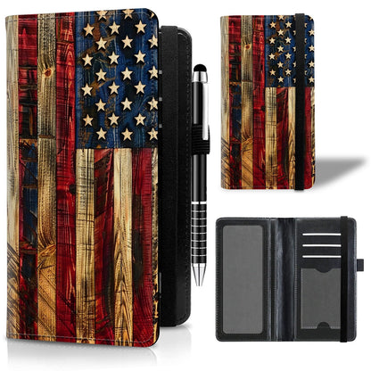 HOTLeather Checkbook Cover for Men Women Personal Checkbook Holder RFID Blocking Check Book Holder Cover for Duplicate Checks,with A Pen,American Flag Wood