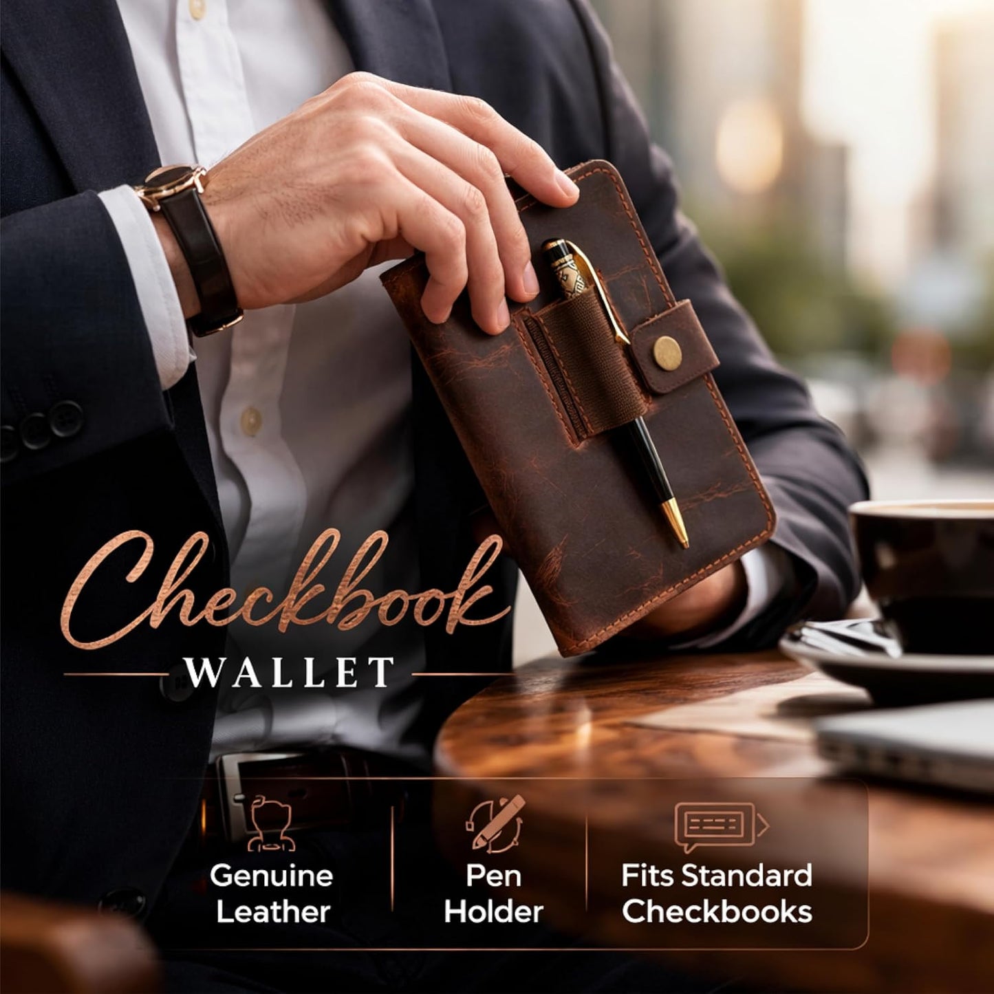 HOTLeather Checkbook Cover with Pen Loop, Full Grain Check Book Holder Wallet for Personal & Duplicate Checks, Slim Money Organizer for Men & Women – Brown