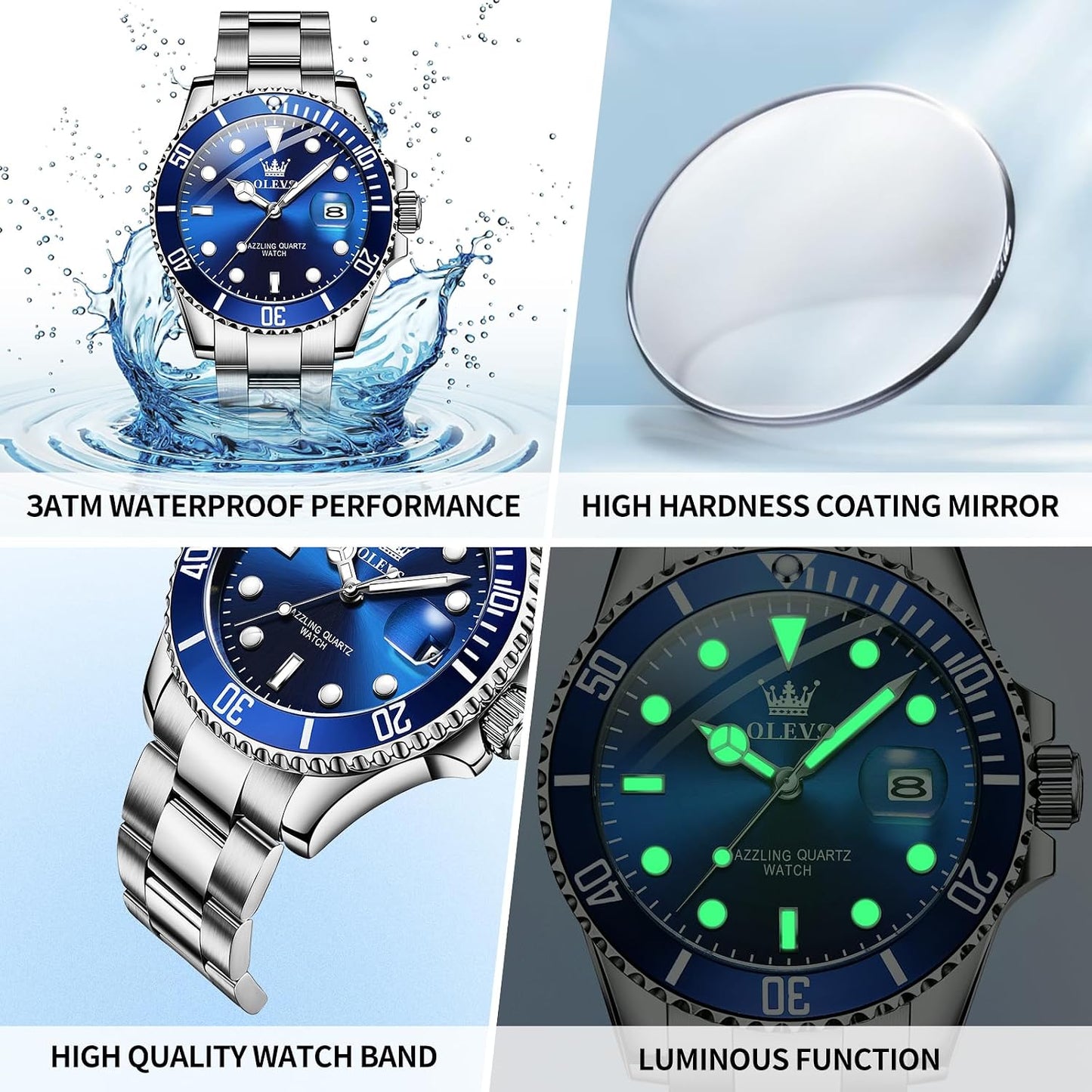 HOTOLEVS Watches Men Waterproof Luxury Big Face Mens Watch Stainless Steel Day Date Quartz Analog Dress Watches for Men Luminous Reloj para Hombres (Green/Blue/Black/Gold)
