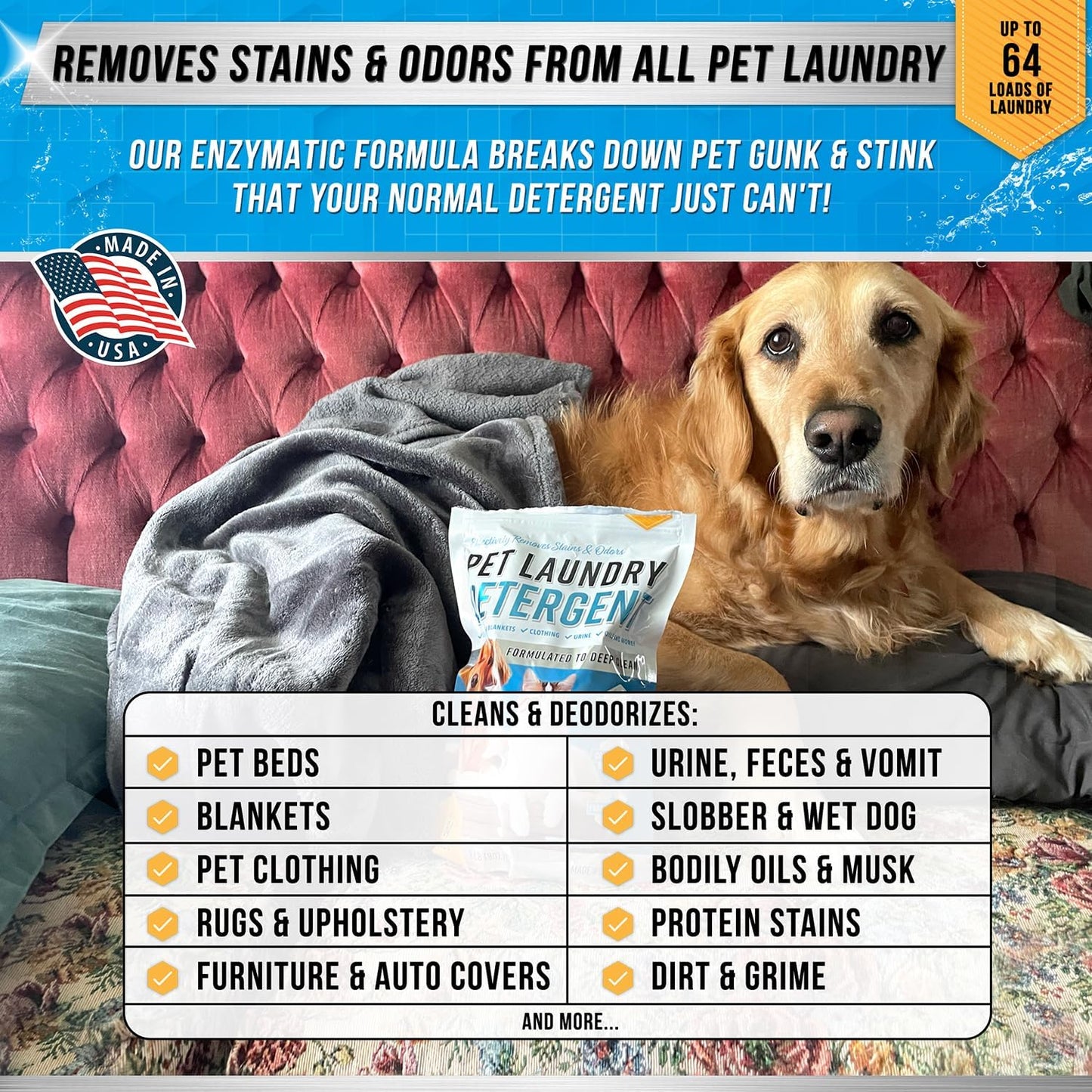 HOTPet Laundry Detergent Odor Remover - ACTIVE Enzyme Based Powder Detergent for Dogs Beds, Cat Pee, HE Washer Friendly Natural Enzymatic Deodorizer, Urine, Smell, Dog Drool, Stain Eliminator - 64 Loads