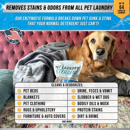 HOTPet Laundry Detergent Odor Remover - ACTIVE Enzyme Based Powder Detergent for Dogs Beds, Cat Pee, HE Washer Friendly Natural Enzymatic Deodorizer, Urine, Smell, Dog Drool, Stain Eliminator - 64 Loads
