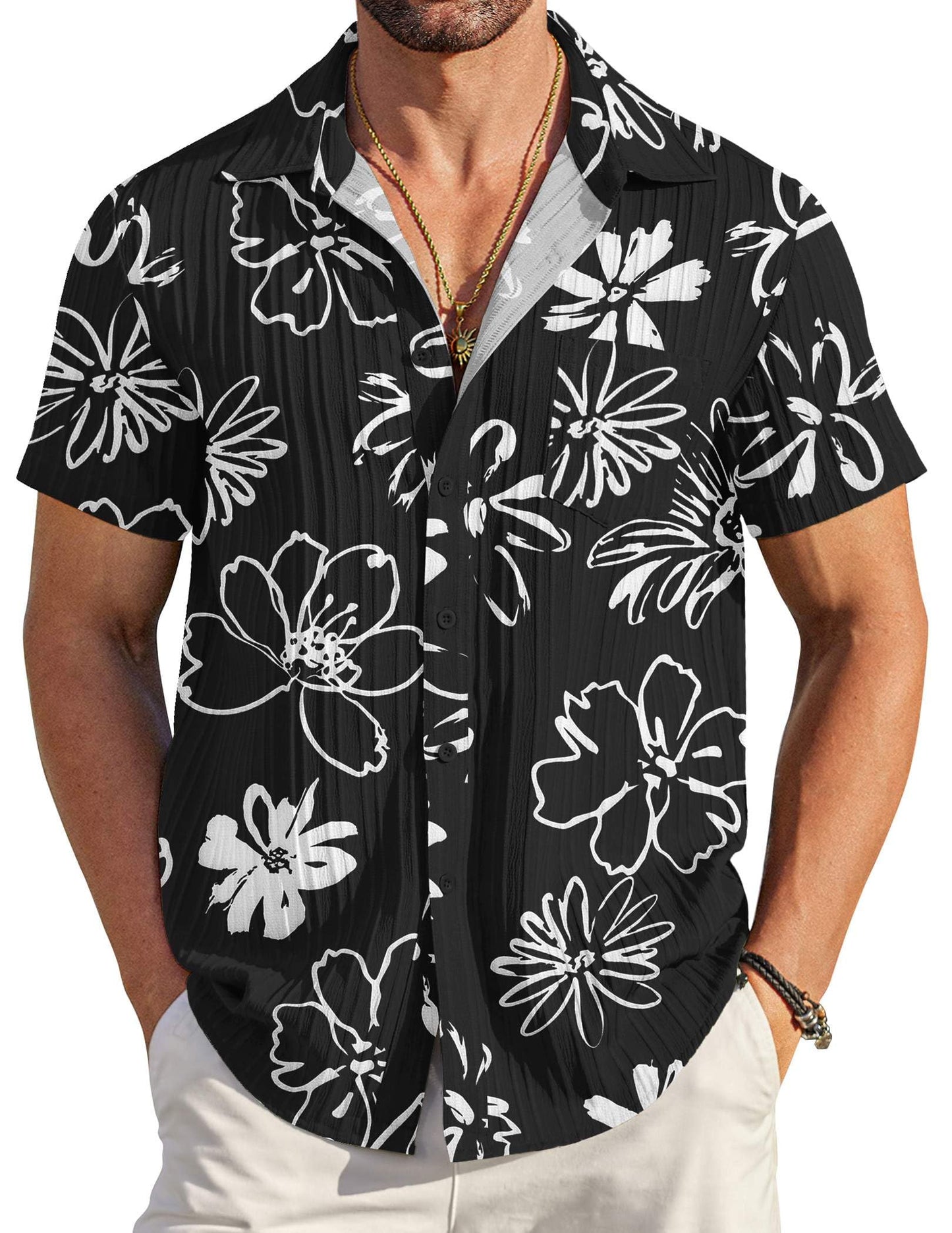 HOTCOOFANDY Men's Casual Button Down Shirts Short Sleeve Textured Summer Beach Shirt with Pocket