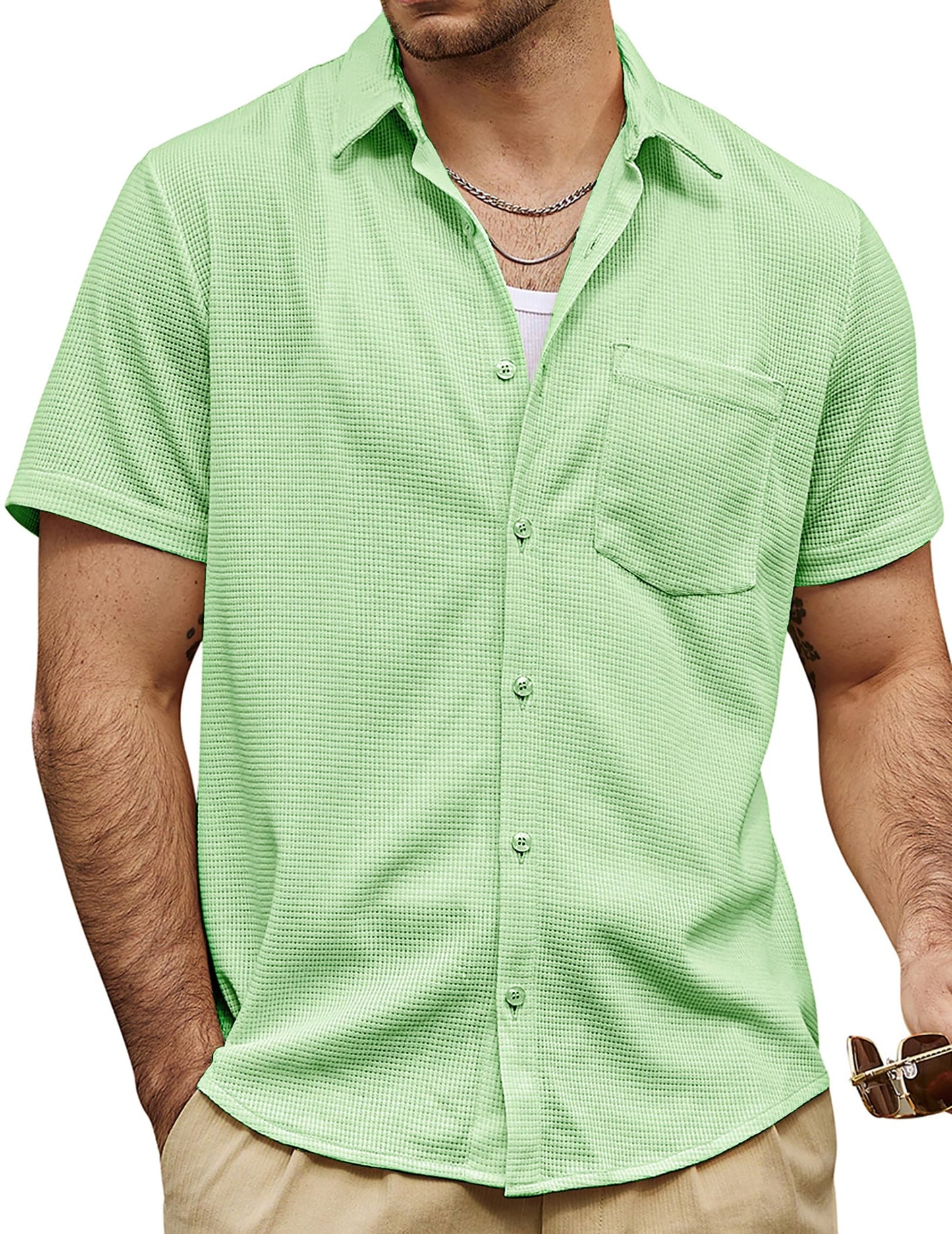 HOTVATPAVE Mens Casual Waffle Shirt Short Sleeve Button Down Summer Shirts | Beach, Untucked, Camp, Daily, Work, Family Photo, Old Money, Vacation, Collared, Wedding, Date, Cruise, Going Out, Pocket
