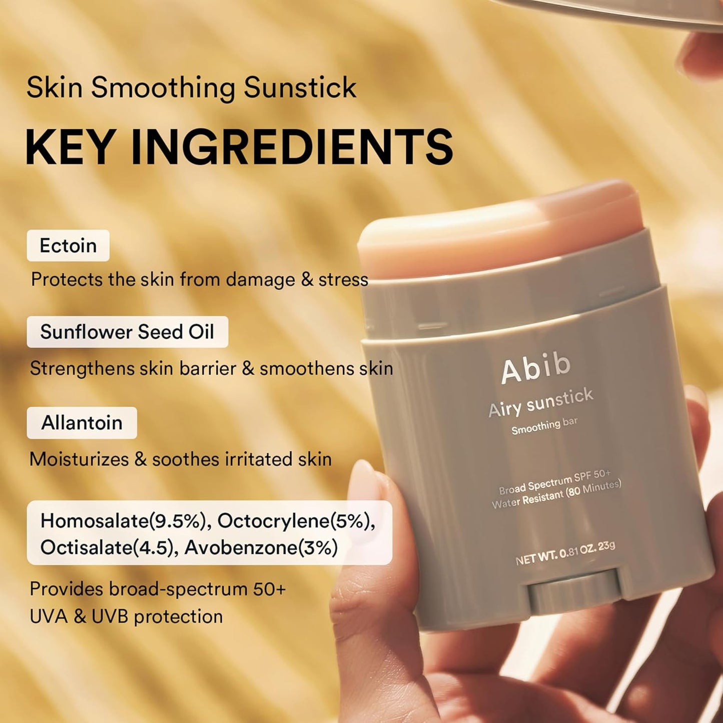 HOTAbib Airy Sunstick Protection Bar SPF50+ Broad Spectrum, Semi-Matte Sunscreen Stick for Oily & Combination Skin, No White Cast, Water-Resistant, Korean Sunscreen, 0.81 oz / 23 g