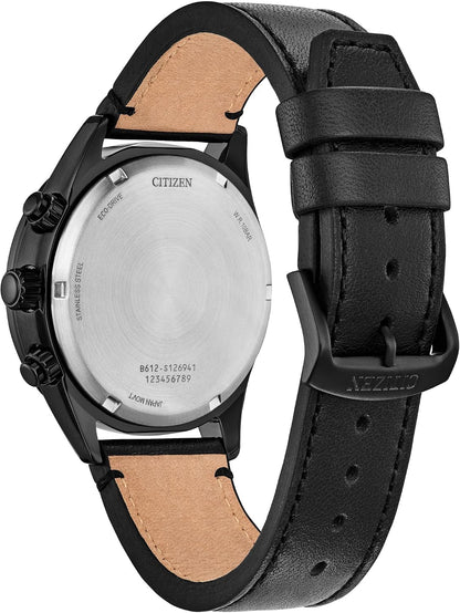 HOTCitizen Men's Eco-Drive Weekender Sport Casual, Black Stainless Steel Watch, Black Leather Strap, Chronograph (Model: CA0775-01E)