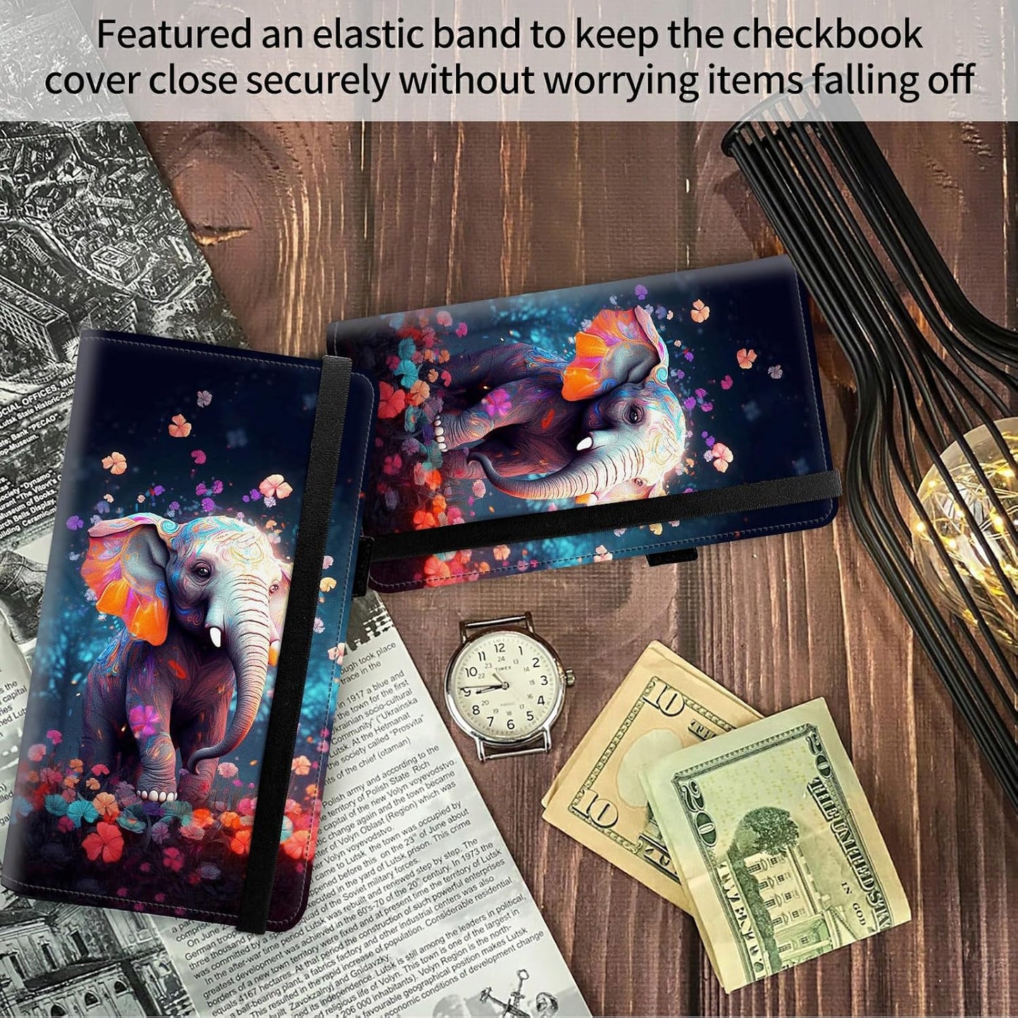 HOTFUYOCWE Leather Checkbook Covers for Men Women Check Book Holder Cover Wallets for Personal Checkbook Duplicate Checks with RFID Blocking & Elastic Strap-Cute Eelephant & Colorful Flowers