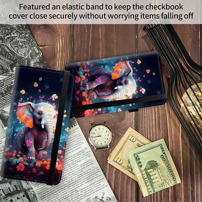 HOTFUYOCWE Leather Checkbook Covers for Men Women Check Book Holder Cover Wallets for Personal Checkbook Duplicate Checks with RFID Blocking & Elastic Strap-Cute Eelephant & Colorful Flowers