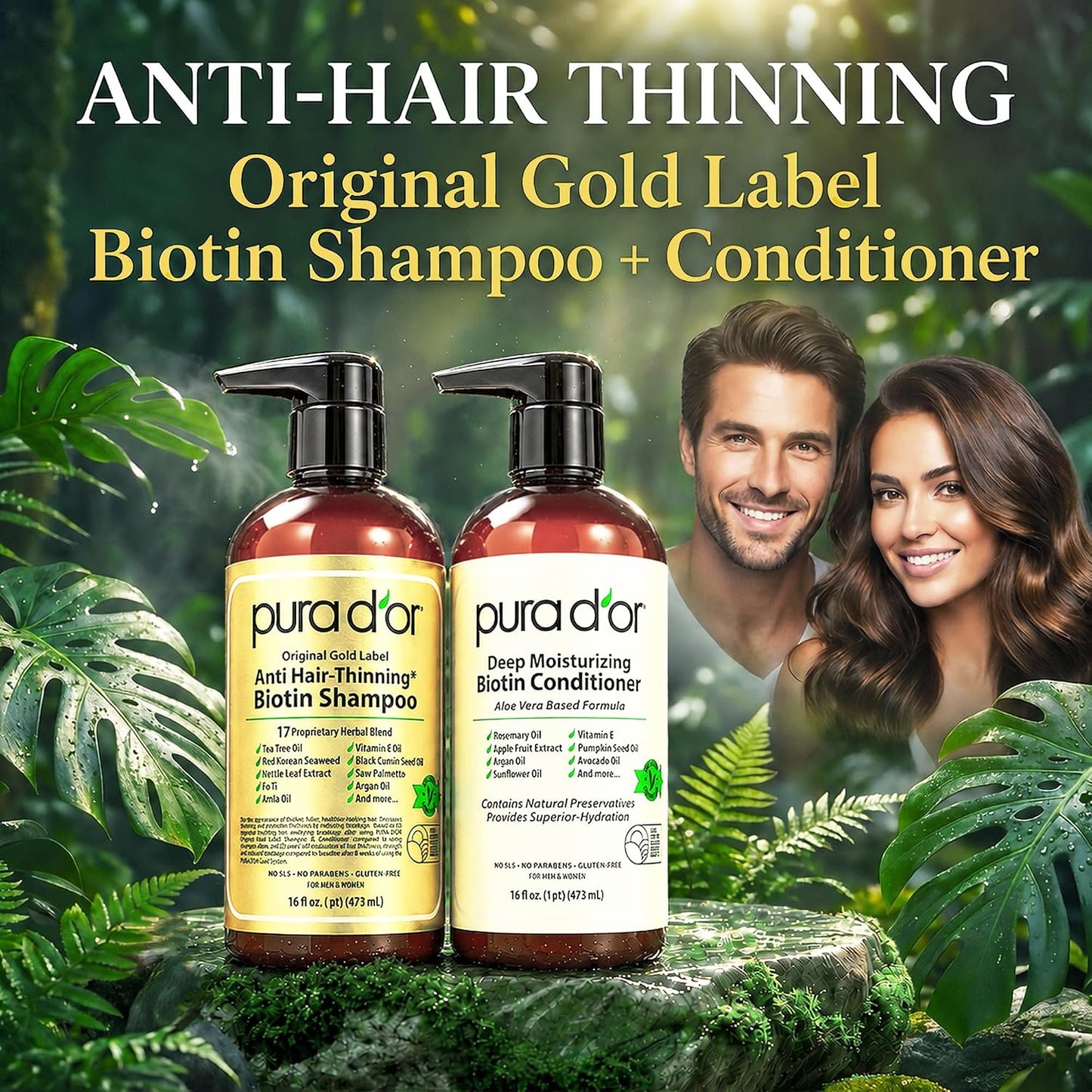 HOTPURA D'OR Anti-Thinning Biotin Shampoo & Hair Regrowth Conditioner, CLINICALLY TESTED Effective Results, Thickening Herbal Blend For Women & Men, Original Gold Label Set, Natural Earthy Scent, 16oz x2