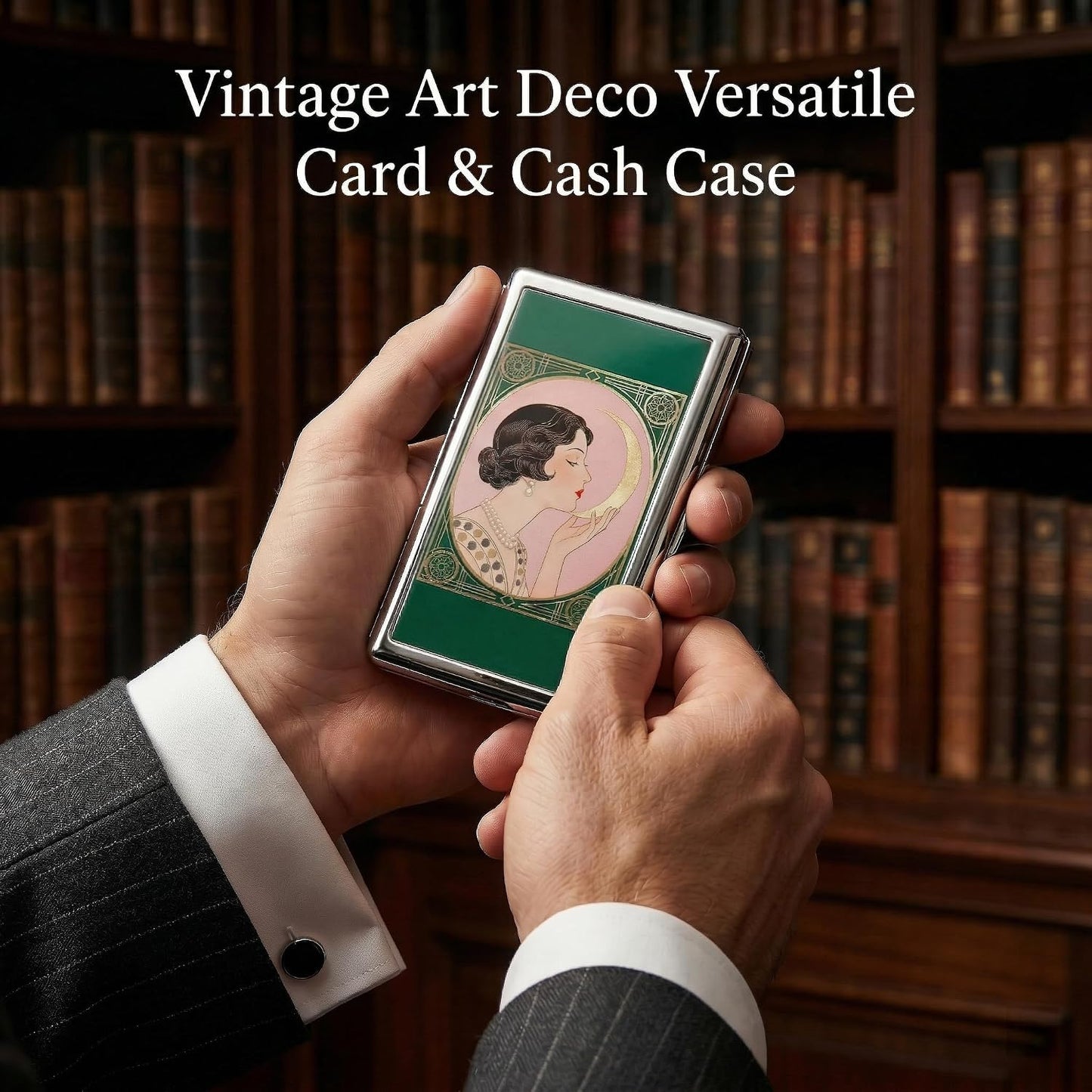 HOTVintage Art Deco Versatile Card & Cash Case, Slim Metal Wallet for Women Men Credit ID Business Cards (#A)