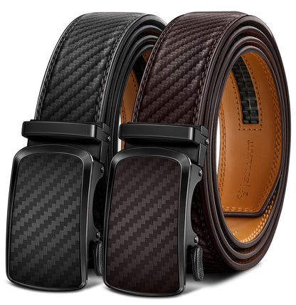 HOTBULLIANT Men's Ratchet Leather Belt Trimmable 2Pack 1 3/8"-Gift Boxed | Smooth Sliding | Precise Fit | Tailored Size | Holeless for Dress or Casual