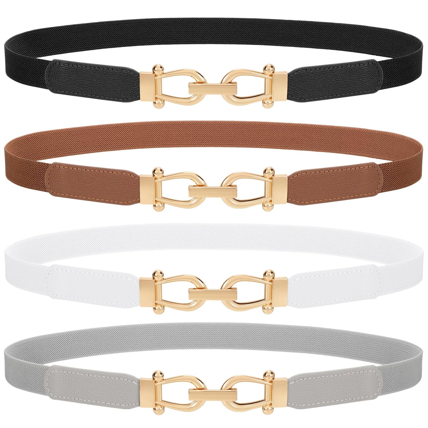 HOTTRIWORKS 4 Pack Women Skinny Elastic Belts Gold Buckle Thin Stretchy Waist Belts for Dresses