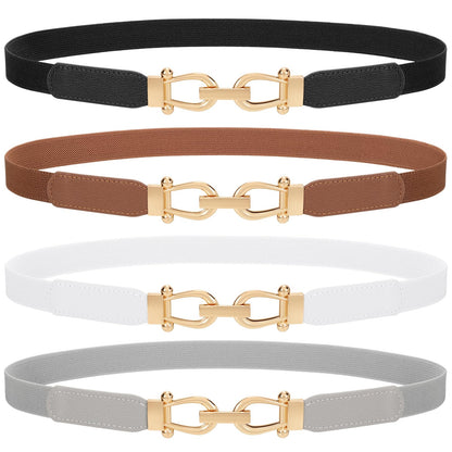 HOTTRIWORKS 4 Pack Women Skinny Elastic Belts Gold Buckle Thin Stretchy Waist Belts for Dresses