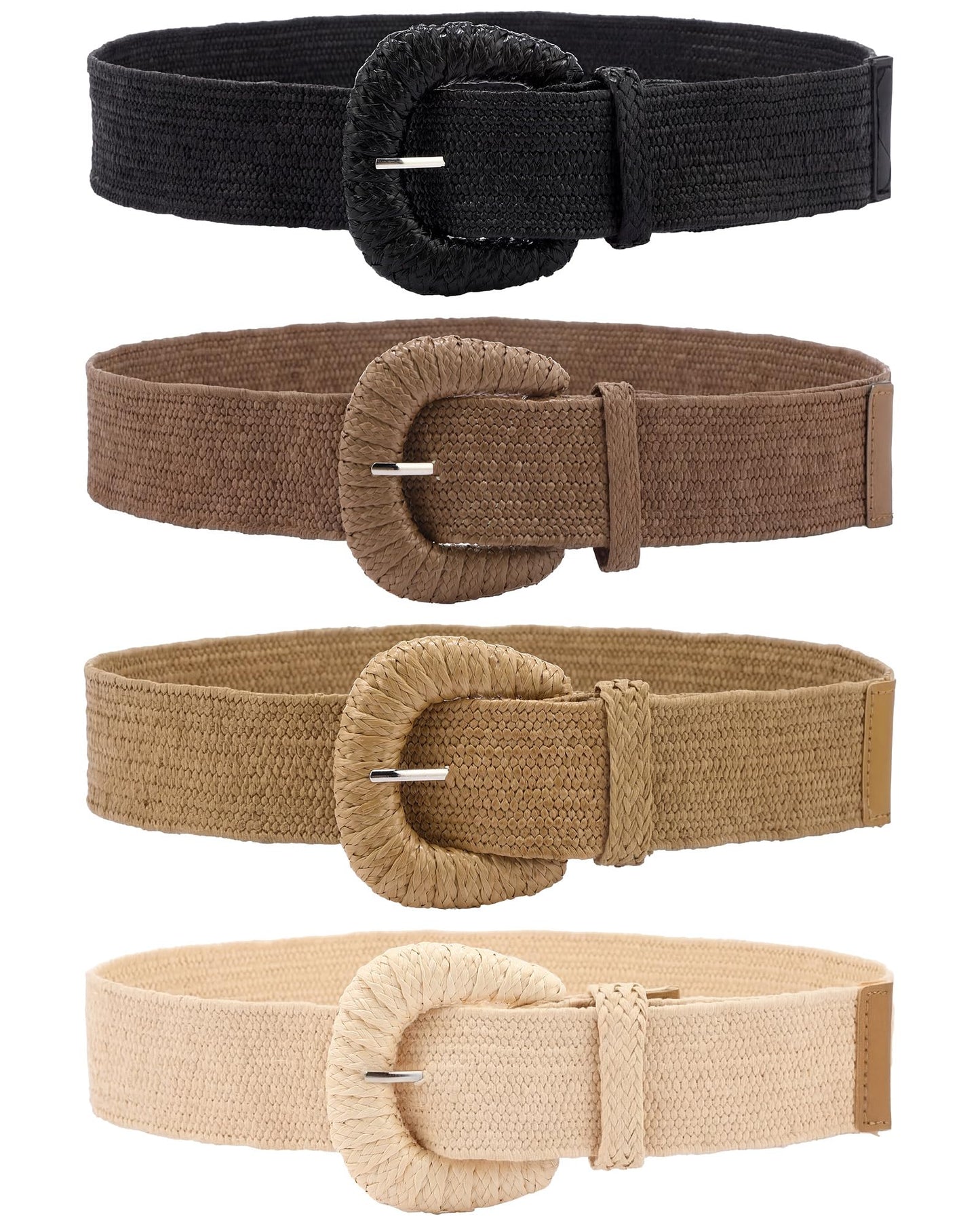 HOTWILLBOND 4 Pcs Women's Elastic Raffia Woven Belt, Boho Rattan Buckle Stretch Straw Wide Waist Belt for Dresses Jeans Pants