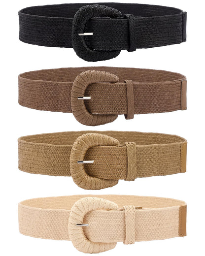 HOTWILLBOND 4 Pcs Women's Elastic Raffia Woven Belt, Boho Rattan Buckle Stretch Straw Wide Waist Belt for Dresses Jeans Pants