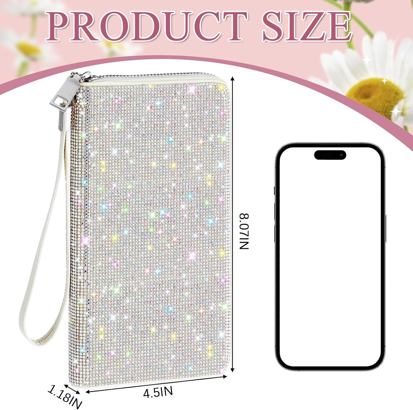 HOTMotiMind Silver Bling Gift Glitter Sparkly Wallet for Women Rhinestone/Pearl Wallet RFID Blocking Phone Purse Gifts for Mother's Day (Rhinestones)